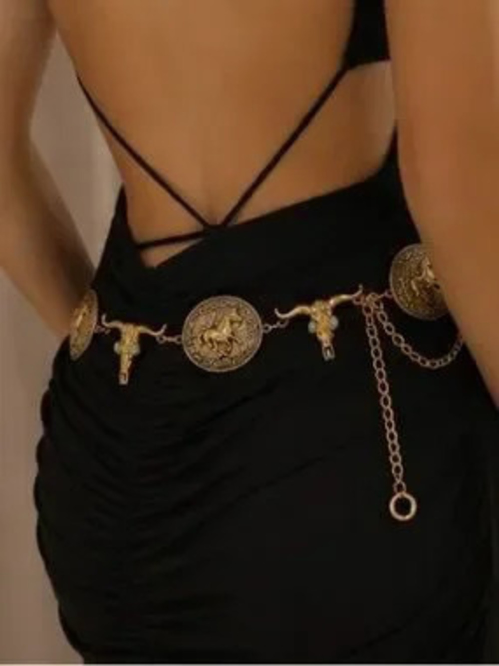 Vintage Western Longhorn Concho Chain Belt Antique Gold Cowgirl Waist Belt - Picture 3 of 5